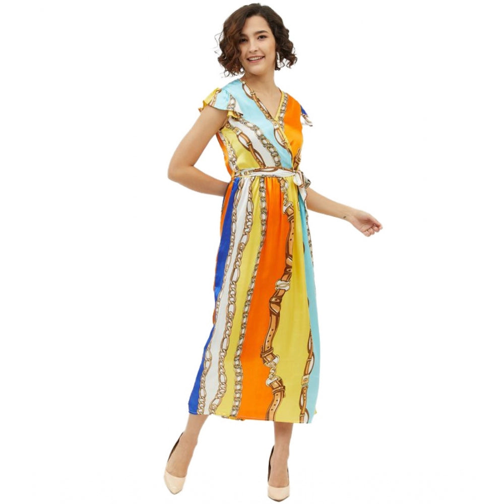 Multicolor satin chain print cap sleeve calf-length dress on mannequin