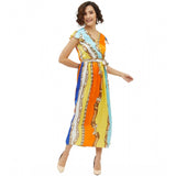 Multicolor satin chain print cap sleeve calf-length dress on mannequin