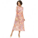 Multicolor polyester printed long sleeves calf-length dress on model