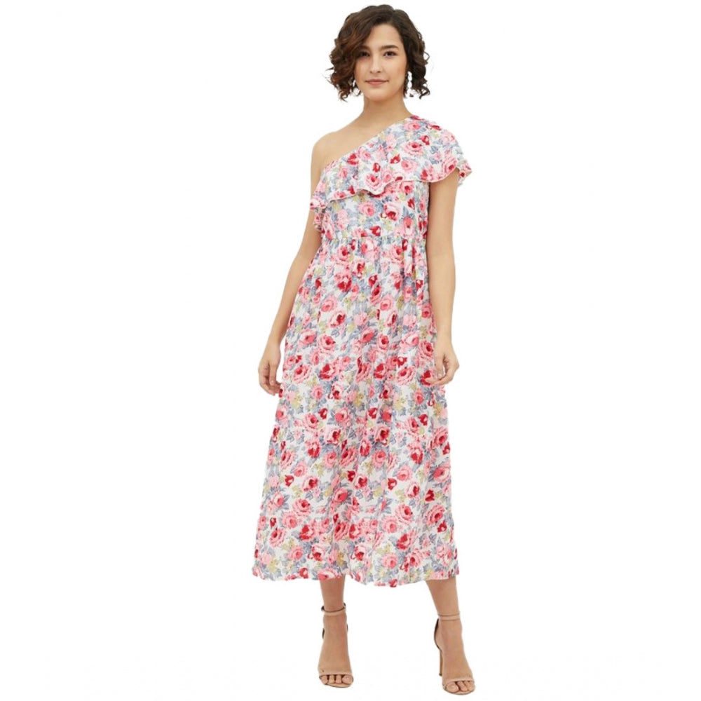 Multicolor polyester floral one shoulder calf-length dress for women, vibrant patterns on display