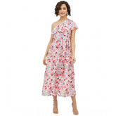 Multicolor polyester floral one shoulder calf-length dress for women, vibrant patterns on display