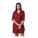 Maroon cotton solid above knee dress with v neck and 3/4th sleeves for women