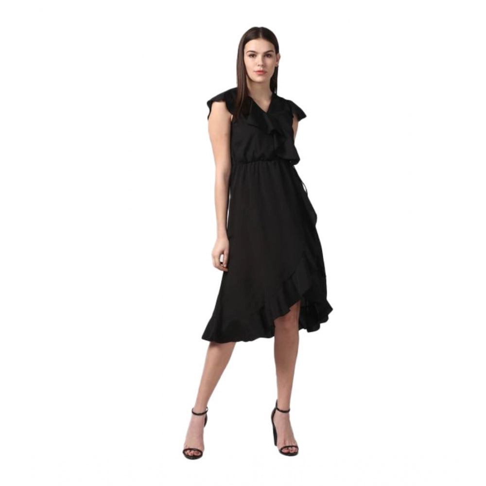 Black polyester ruffled cap sleeve knee-length dress for women, vibrant V-neck style