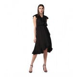 Black polyester ruffled cap sleeve knee-length dress for women, vibrant V-neck style