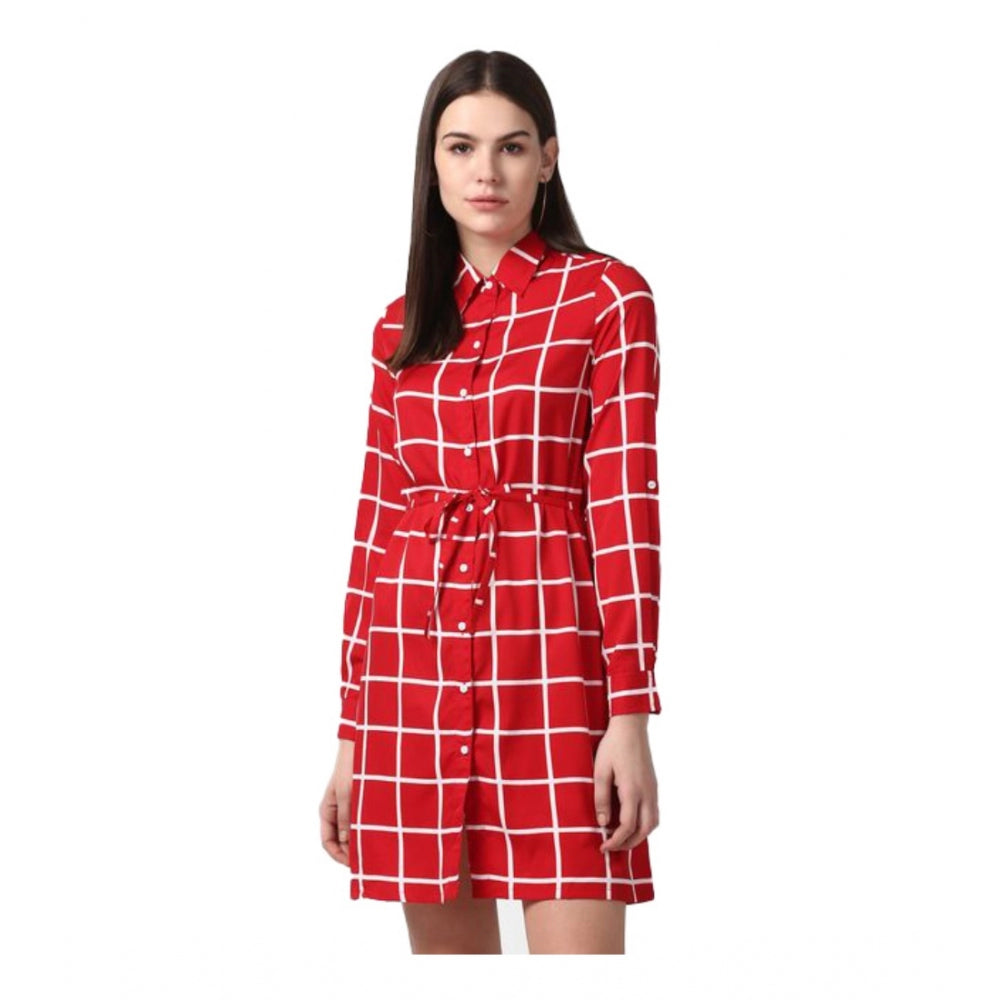 Red polyester checkered long-sleeve dress with collar, above-knee length on model