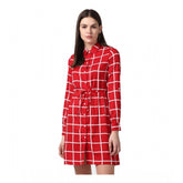 Red polyester checkered long-sleeve dress with collar, above-knee length on model