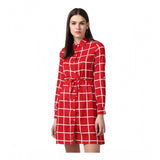 Red polyester checkered long-sleeve dress with collar, above-knee length on model