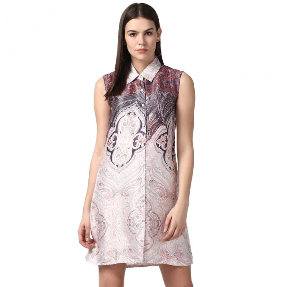 Orange polyester printed sleeveless above knee dress for women, vibrant pattern on display