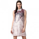Orange polyester printed sleeveless above knee dress for women, vibrant pattern on display