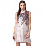 Orange polyester printed sleeveless above knee dress for women, vibrant pattern on display