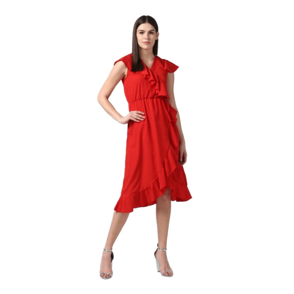 Red polyester ruffled cap sleeve knee-length dress for women on mannequin