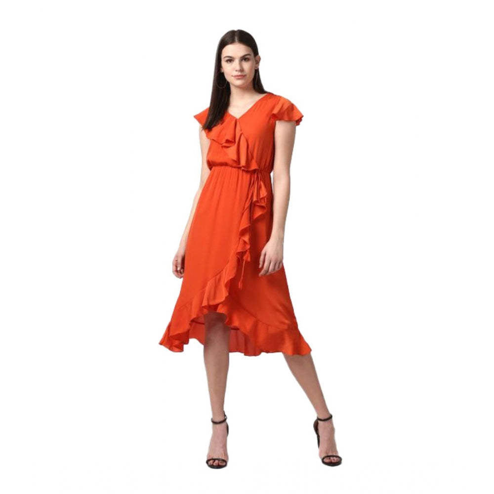 Orange polyester ruffled cap sleeve knee-length dress for women, featuring a V-neck design
