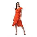 Women's Polyester Ruffled Cap Sleeve Knee-Length Dress (Orange)