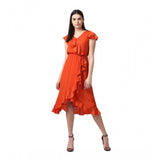 Orange polyester ruffled cap sleeve knee-length dress for women, featuring a V-neck design