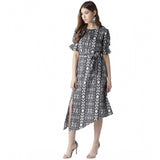 Black & White animal print polyester short sleeve knee-length dress for women