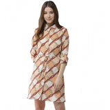 Off White & Brown printed roll-up sleeve above knee dress, women's polyester summer fashion on mannequin