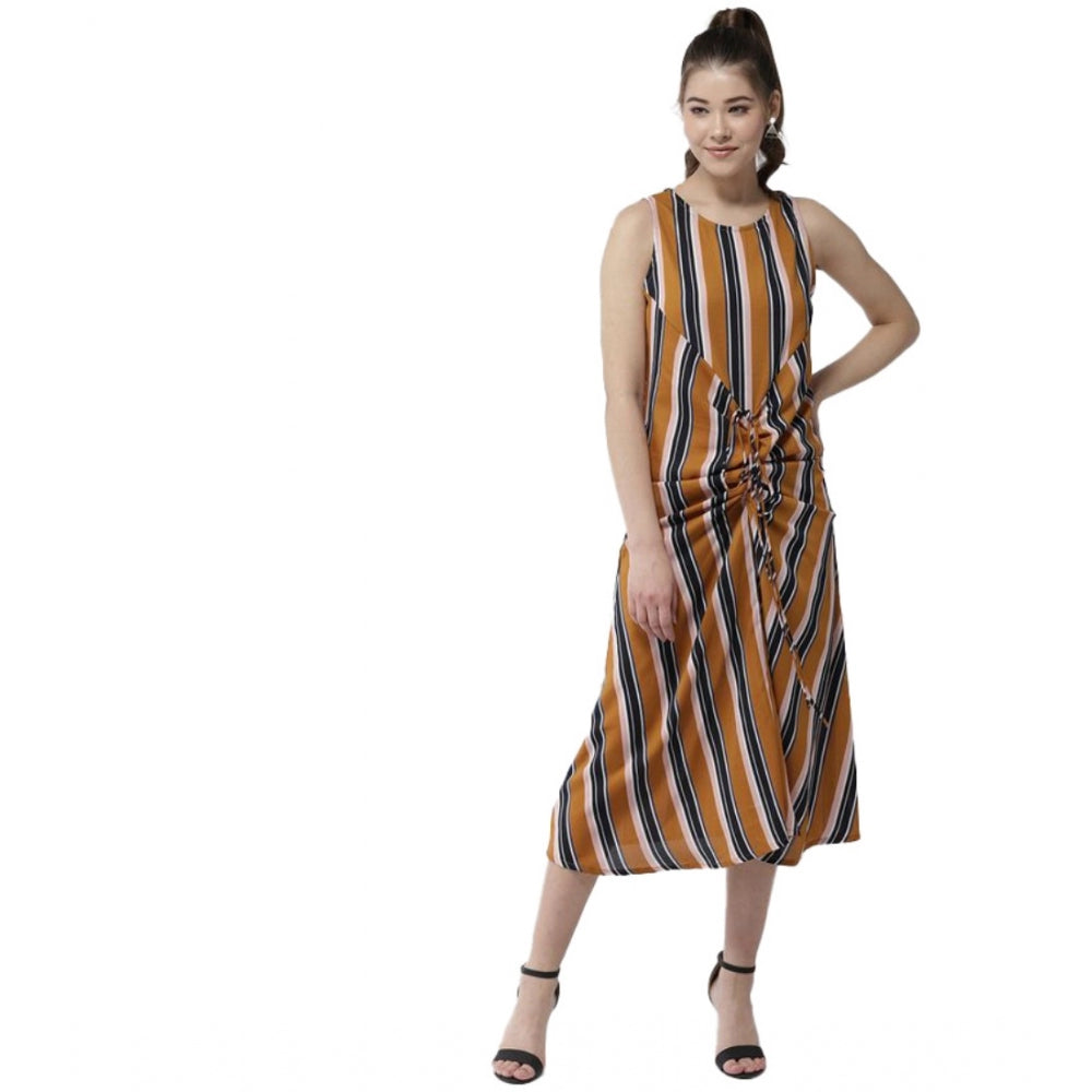 Mustard polyester striped sleeveless below-knee dress for women