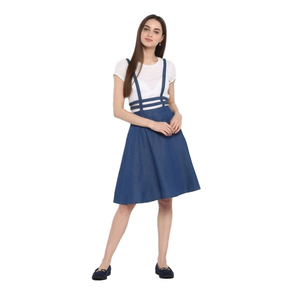 Blue denim solid shoulder straps below knee dress with round neck, denim fashion wear on model