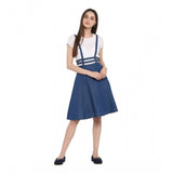 Blue denim solid shoulder straps below knee dress with round neck, denim fashion wear on model