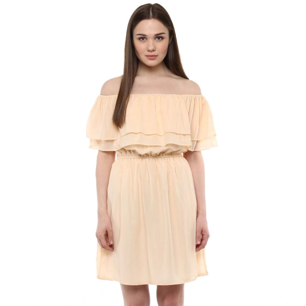 Beige polyester solid sleeveless knee-length dress - perfect for summer events