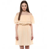 Beige polyester solid sleeveless knee-length dress - perfect for summer events