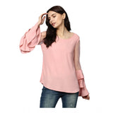 Pink polyester solid tier sleeve top for women's fashion, round neck style on mannequin