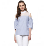 Blue cotton striped cold shoulder top with mock neck, fashionable summer wear for women