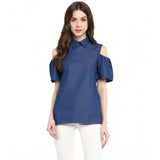 Blue denim solid cold shoulder regular top, collar neck and sleeveless design