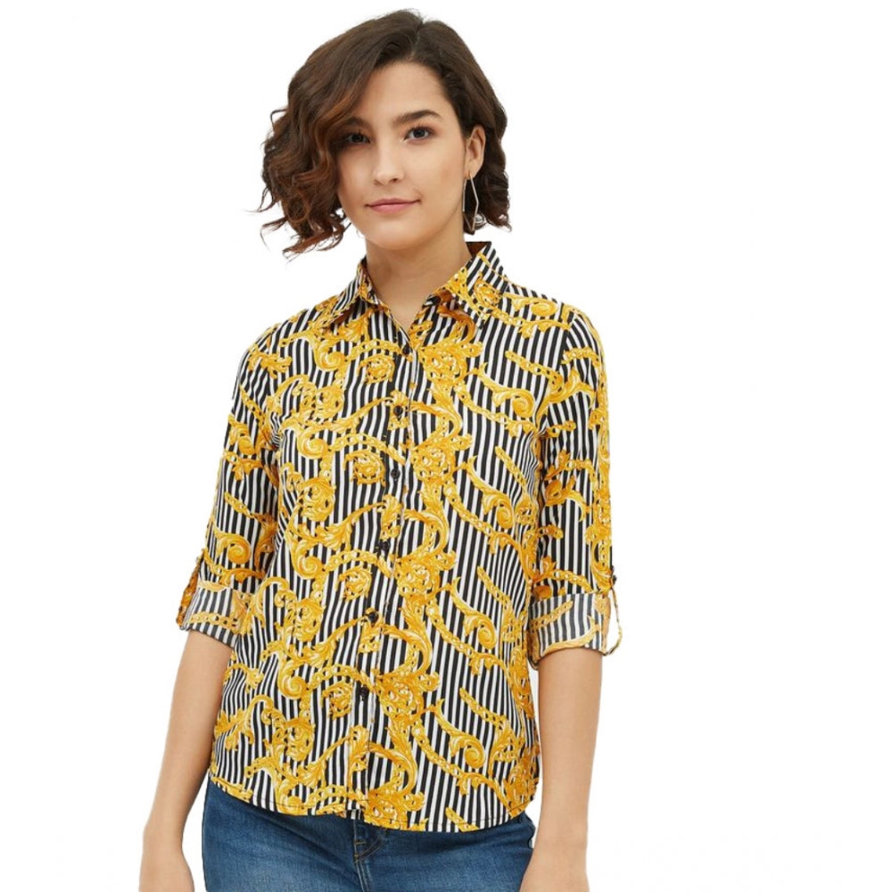 Mustard polyester printed roll-up sleeve standard length shirt for women