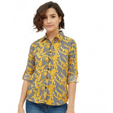 Mustard polyester printed roll-up sleeve standard length shirt for women