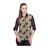 Black polyester printed roll-up sleeve standard length shirt with collar, featuring a vibrant print design