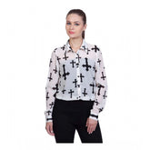 White polyester printed long-sleeve shirt with collar, standard length on model