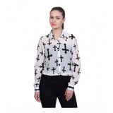 White polyester printed long-sleeve shirt with collar, standard length on model