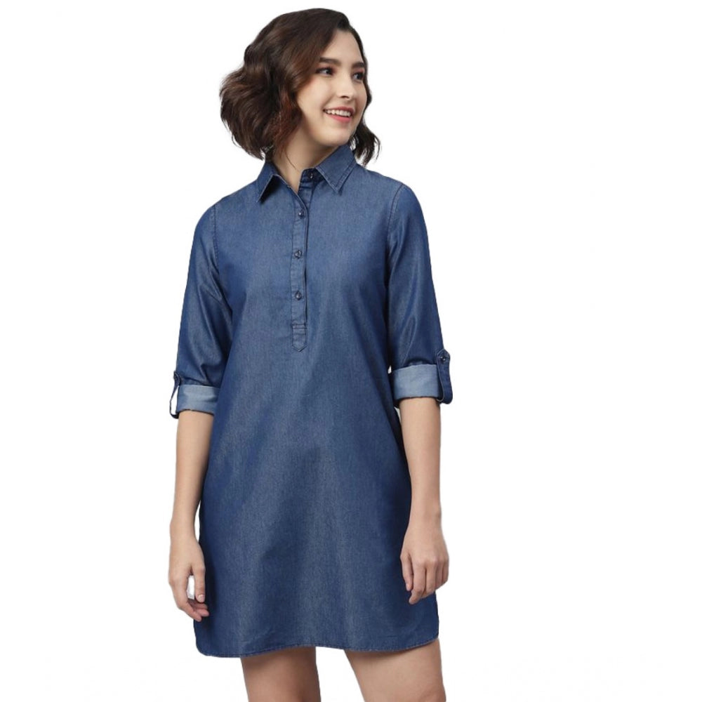 Navy Blue denim long sleeve dress with solid pattern, suitable for women's fashion