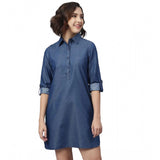 Navy Blue denim long sleeve dress with solid pattern, suitable for women's fashion