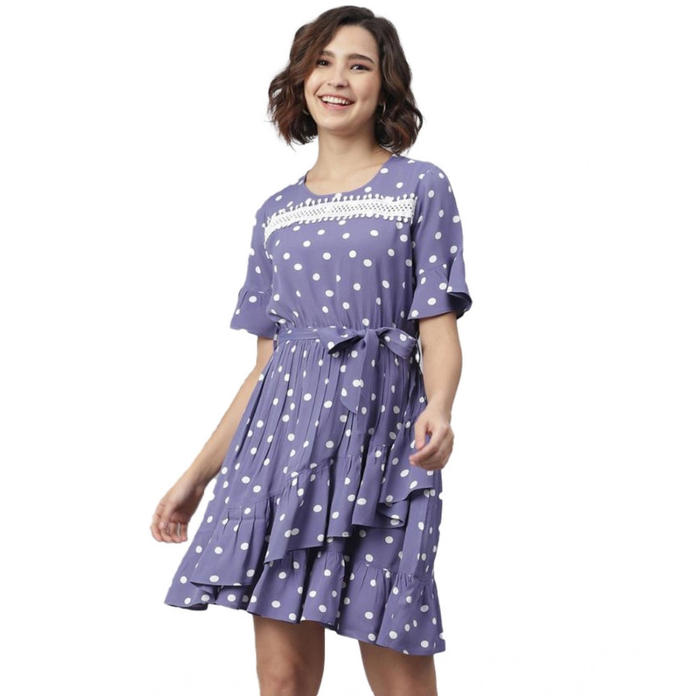 Lavender polyester polka bell sleeve above knee dress for women, vibrant pattern and flattering fit