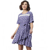 Lavender polyester polka bell sleeve above knee dress for women, vibrant pattern and flattering fit