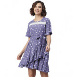Lavender polyester polka bell sleeve above knee dress for women, vibrant pattern and flattering fit