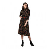 Black & yellow polyester chain print roll up sleeve below knee dress with collar, pattern detail visible