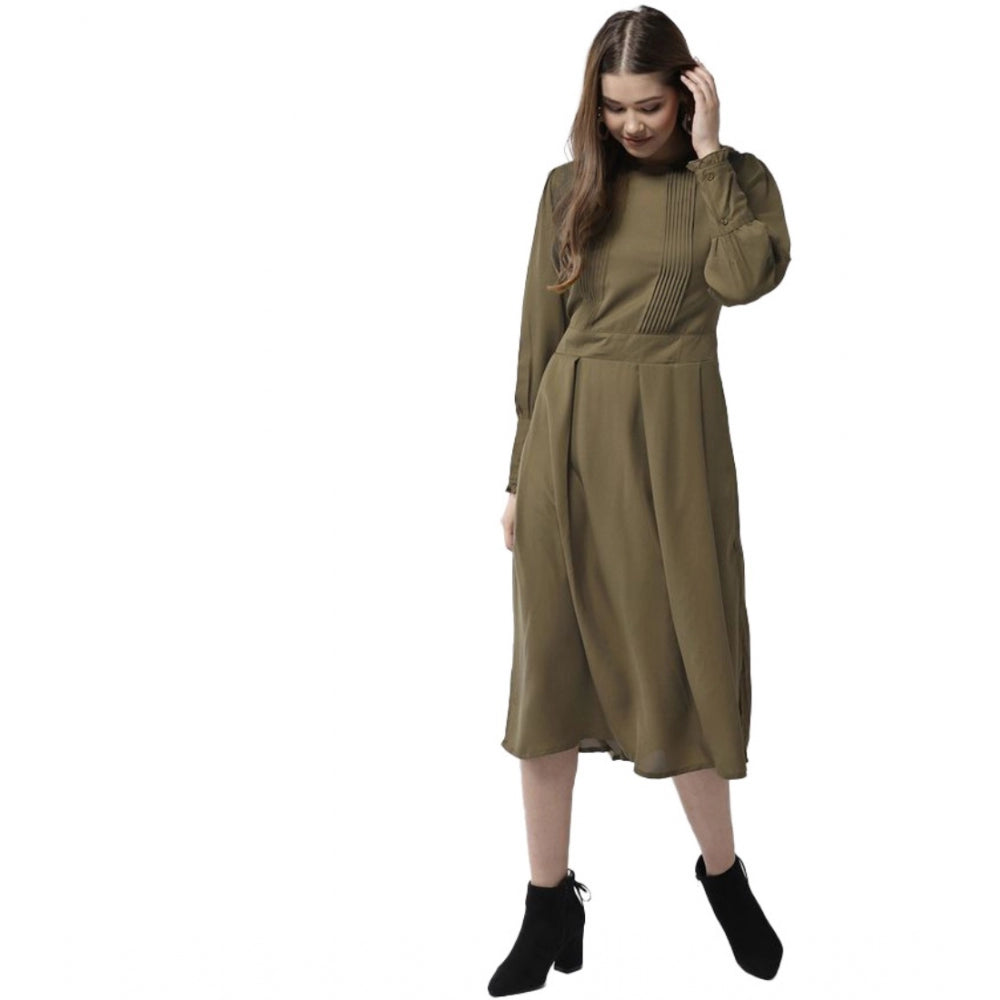 Olive polyester pintuck long sleeves below knee dress for women, stylish outfit with round neck and long sleeves