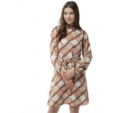 Off White & Brown checkered polyester long sleeves dress (above knee) for women