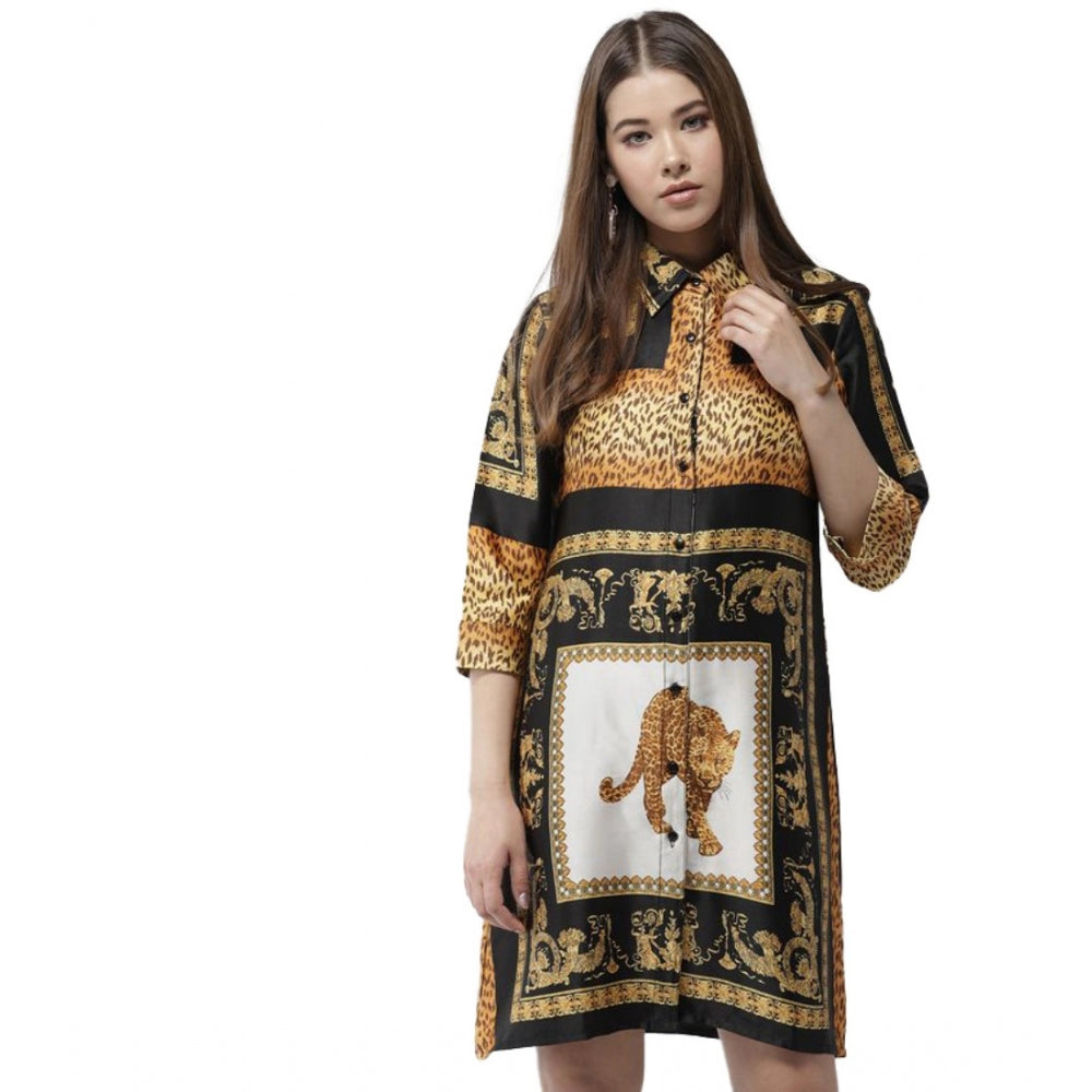 White & Orange satin animal print dress with 3/4th sleeves, above knee length
