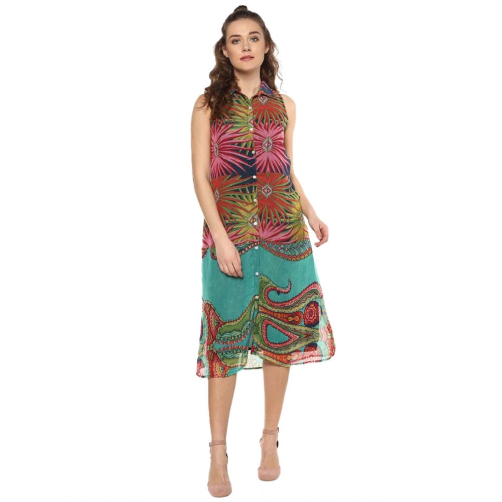Multicolor polyester floral sleeveless below knee dress for women, vibrant pattern on display