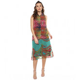 Multicolor polyester floral sleeveless below knee dress for women, vibrant pattern on display