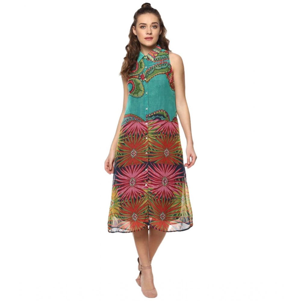 Multicolor polyester floral sleeveless below knee dress for women, vibrant floral pattern on display