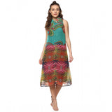 Multicolor polyester floral sleeveless below knee dress for women, vibrant floral pattern on display