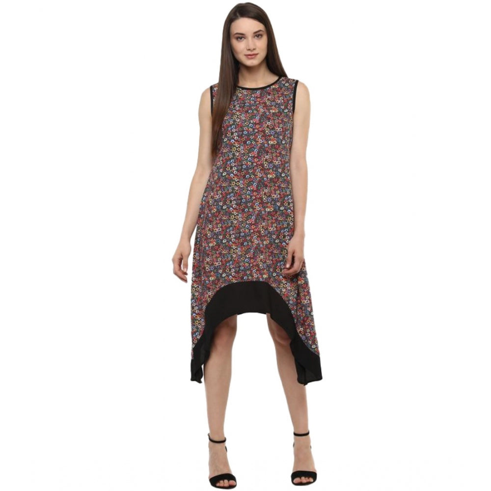 Multicolor printed polyester sleeveless knee-length dress for women, vibrant design on display stand