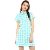 SkuBlue & white rayon checkered short sleeve above knee dress for women
