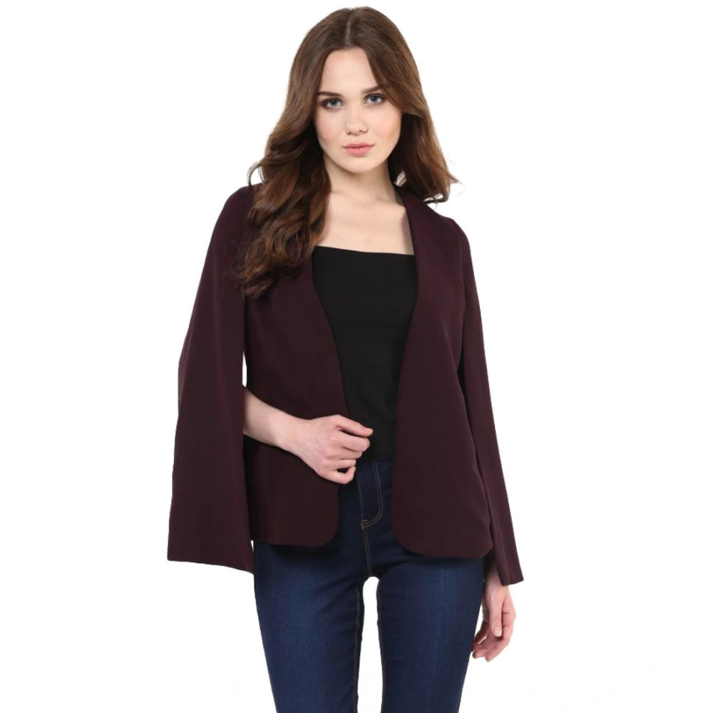 Wine polyester solid cape sleeve blazer for women - close-up image