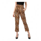 Women's orange-black animal print polyester elastic trousers, fashionable casual wear for women with patterned detailing